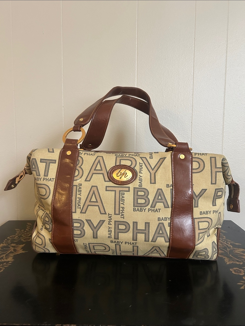 Vintage Baby Phat monogram canvas travel duffel bag in beige with brown accents